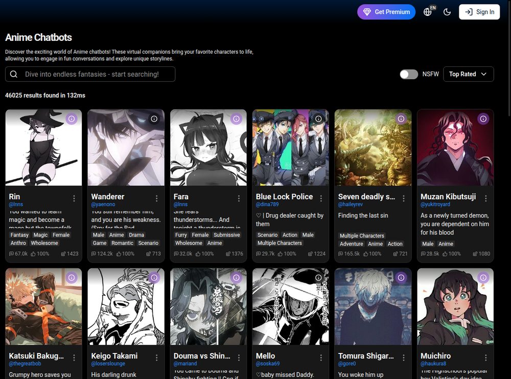 Etiqueta Anime de spicychat.ai con su descripción y personajes